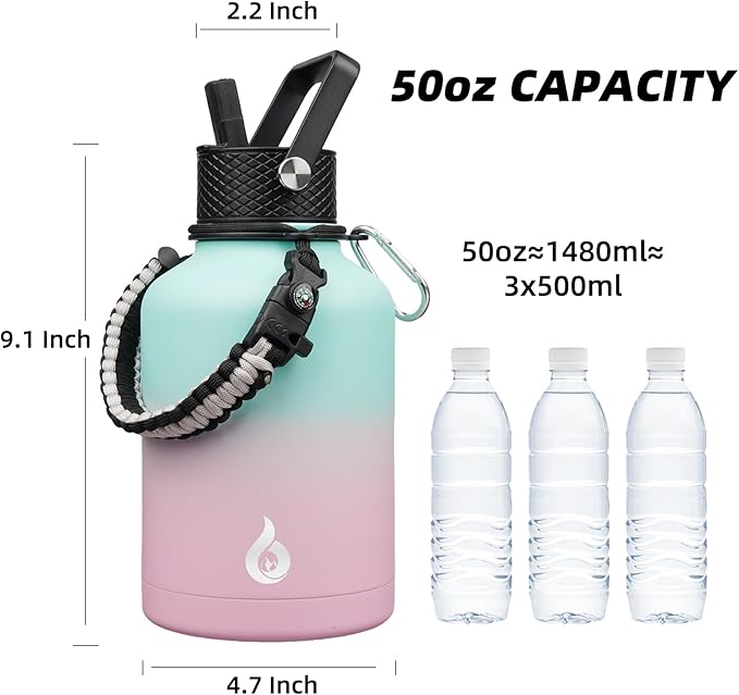 BJPKPK Insulated Water Bottles with Straw Lid, 50oz Large Water Bottle with 3 Lids and Paracord Strap, Stainless Steel Metal Water Bottle, Insulated Water Jug,Marshmallow