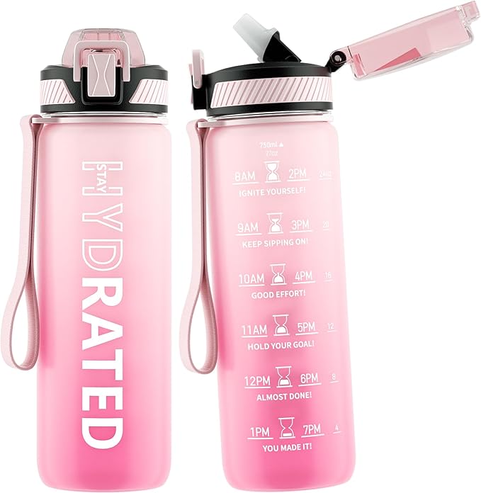 Water Bottle with Straw, 27oz Motivational Water Bottles with Time Marker to Drink, Tritan BPA Free, 750ml Sports Water Bottle with Carry Strap LeakProof for School Fitness Outdoor (1Pack)