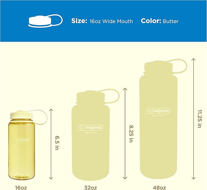 Nalgene 16 oz Wide Mouth Water Bottle | BPA-Free, Durable & Leak Proof, Lightweight Travel Bottle, Fits In Cupholders, Butter