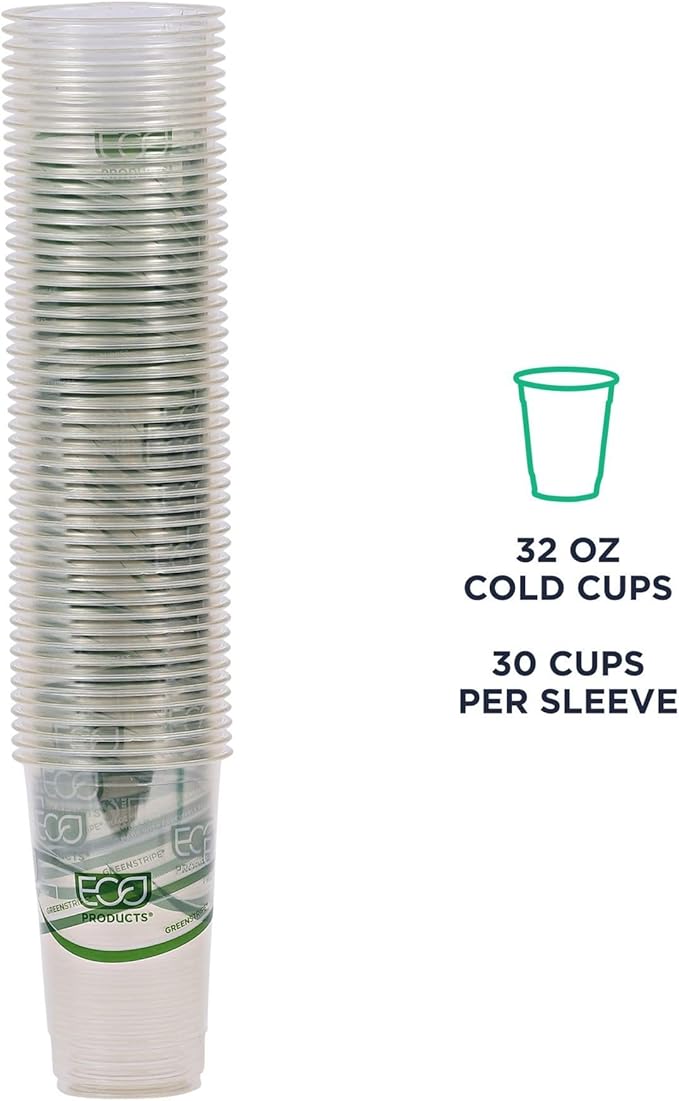 ECO PRODUCTS GreenStripe Clear Compostable 32oz PLA Large Plastic Cups, Case of 600, Disposable Renewable Plant-Based Cold Cups, For Cold Drinks & Snacks, BPI Certified, ASTM Compliant.