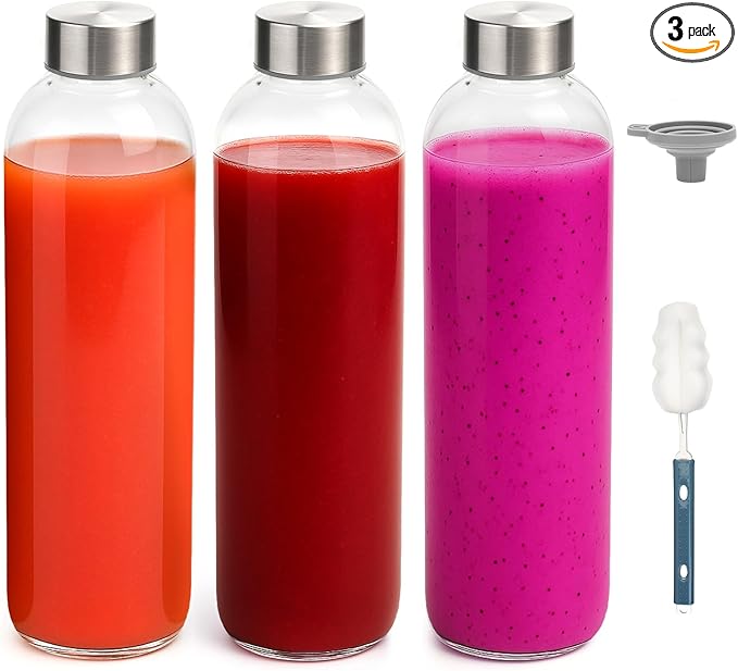 Zukro Glass Juice Bottles With Lids 32 oz, 3 Pack Clear Glass Bottle with Airtight Stainless Steel Lids For Juicing, Water, Homemade Drinks, Leak Proof & BPA Free