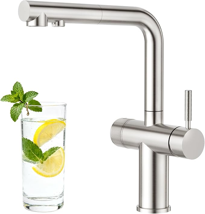 CREA 3 Way Kitchen Faucet with Pull Down Sprayer & Water Filter Built-in,Drinking Water Faucet Spout for Bar Sink Purifier Water Filter,Single Hole 2 Handles Brushed Nickel Stainless Steel