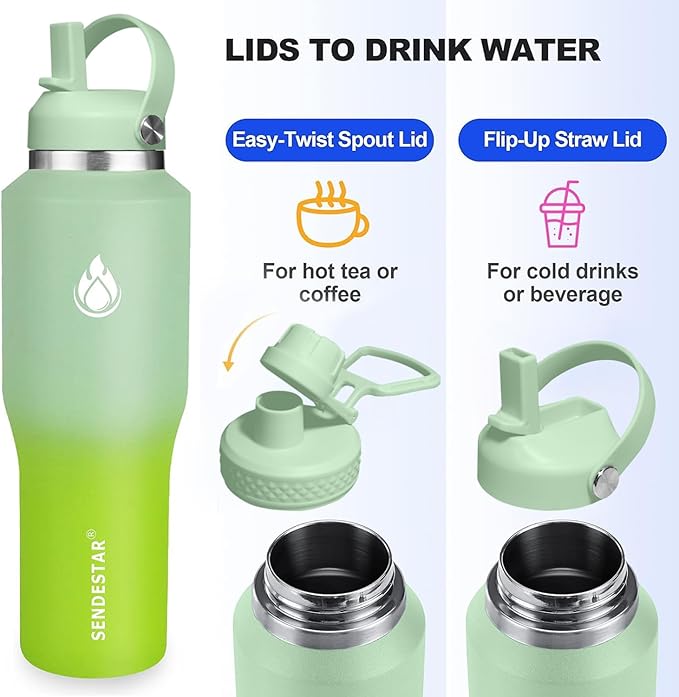 SENDESTAR Water Bottle,Wide Mouth Stainless Steel Vacuum Insulated Double Wall Keep Liquids Cold or Hot All Day,Sweat Proof Sport Design,Fit Car Cup Holder,Light Green Gradient,40 Ounces