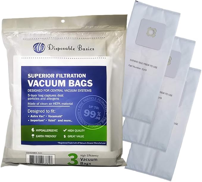 HEPA Filtration Bags ELH3 Replacement for AstroVac, Valet & VacuMaid Vacuums Part #HPB2H, Fits Models: H1P, P70, SR66, SR800, SR52H, ATQ300, GV30, GV50, GV30PRO & GV50PRO-by Disposable Basics(3 Pack) - AquaVibe