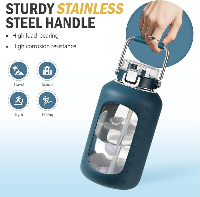 BLUEGO 100 oz Glass Water Bottle with Straw, Huge 3 Liter Water Bottle with Sturdy Handle, Glass Water Jug with Sleeve, Wide Mouth Water Container with Time Marker, Dark Blue