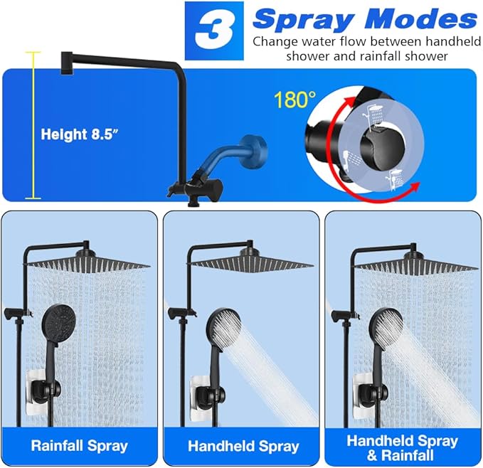 Matte Black Shower Head with Filters 12" Rain Shower Head with Handheld Spray Dual Shower Filter Head for Hard Water, Showerhead Combo with 10 Setting Handheld Built-in 2 Power Wash, Extra Cartridges