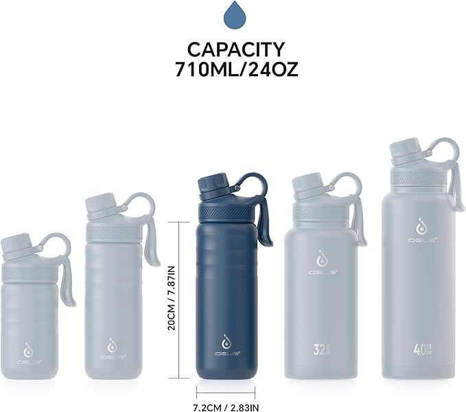 IDEUS Insulated Stainless Steel Water Bottle with 2 Leak-Proof Lids, Thermal Water Flask for Hiking Biking, 24oz, Navy Blue