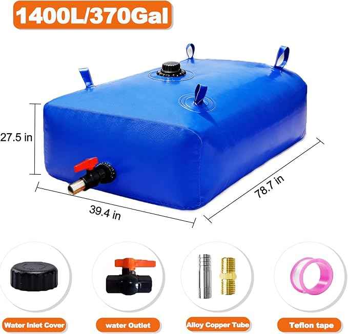 1400 L/370 Gal Water Bladder Tank, Foldable Portable Water Storage Container, Emergency Water Bag for RV, Truck Bed, Fire Prevention, Drought Resistance, Blue
