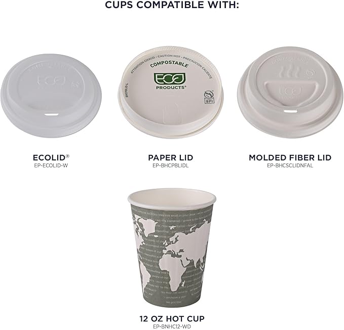 ECO PRODUCTS Compostable Disposable Insulated World Art 12oz Coffee Cups, Pack of 40, Renewable Double-wall Hot Paper Cup, Plant Based PLA Lining, No Sleeves Needed, Color Coded