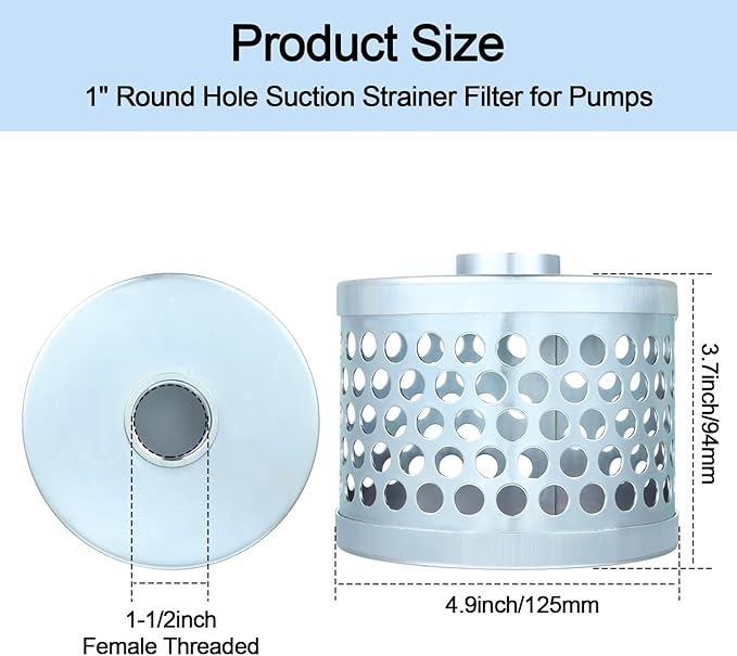 Round Hole Suction Strainer Filter for Pumps, Carbon Plated Steel Basket Water Suction Filter, with NPT Female Thread, Reduces Solids Entering Pump (1 inch)
