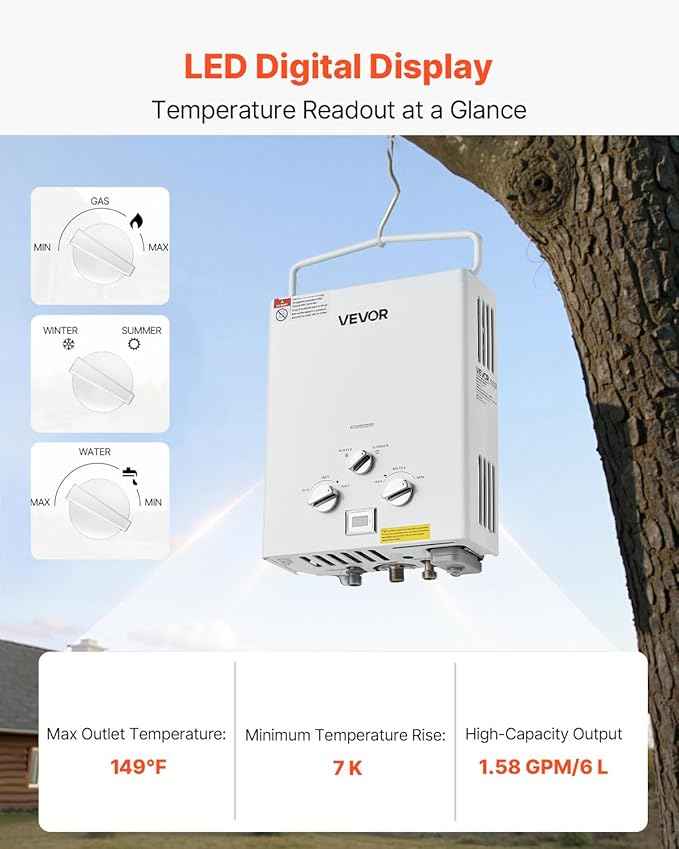 VEVOR 6L Portable Propane Water Heater, 41000 BTU 1.58 GPM Tankless Outdoor Instant Hot Water Heater, LED Screen, Overheat Protection with Accessory Set + Regulator for RV Camping Trips Cabins Barns