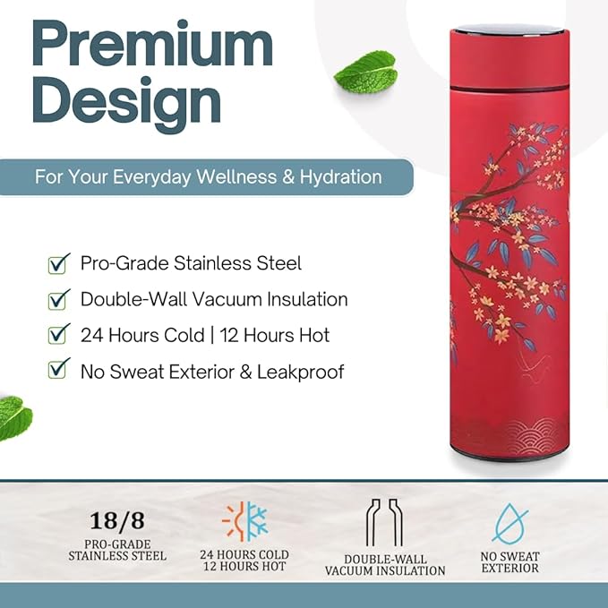 Farasi Tea Infuser for Loose Leaf Tea Smart Water Bottle with Fahrenheit Temperature Display, Stainless Steel Insulated Coffee and Fruit Tea Infuser Bottle - Red Floral Travel Tea Mug 15 oz