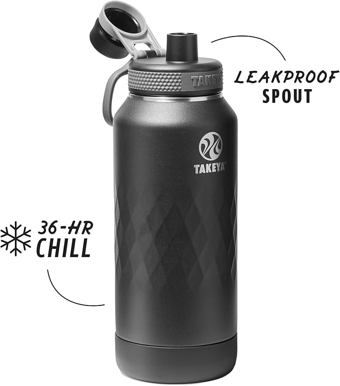 Takeya Sport 32 oz Triple-Insulated Stainless Steel Water Bottle, Spout Lid – Leakproof, Sweatproof, BPA-Free, Keeps Drinks Cold 36 Hrs, Hot 14 Hrs – Obsidian