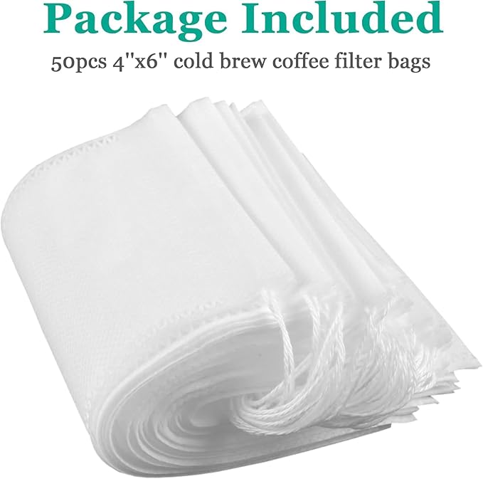 Yzurbu 50pcs 4''x6'' Cold Brew Coffee Filter Bags, No Mess Disposable Filter Bag with Drawstring for Coffee Grounds & Ice Tea