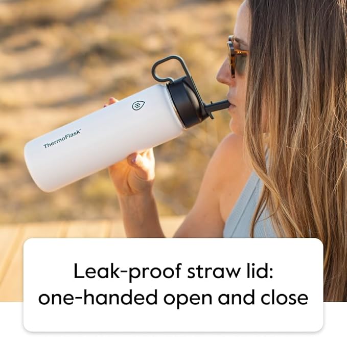 ThermoFlask Stainless Steel Water Bottles 2-Pack - Double-Wall Vacuum Insulated 40 oz BPA-Free Spout Lids - Keeps Drinks Cold 24 Hrs, Hot 12 Hrs - Leakproof, Dishwasher Safe, Gray/Pine
