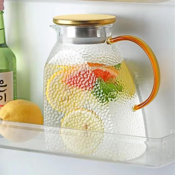 1.8L Glass Pitcher with Stainless Steel Gold Lid - Ideal Fridge Door Water Pitcher for Hot or Cold Beverage, Iced Tea, Juice, Milk, Coffee, Lemonade