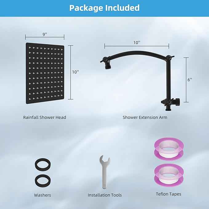 Hibbent All Metal cUPC Certified Rain Shower Head, 10'' High Pressure Rainfall Showerhead with 16" Shower Head Extension Arm, Solid Brass Adjustable Shower Arm Extender, fixed Showerheads, Matte Black