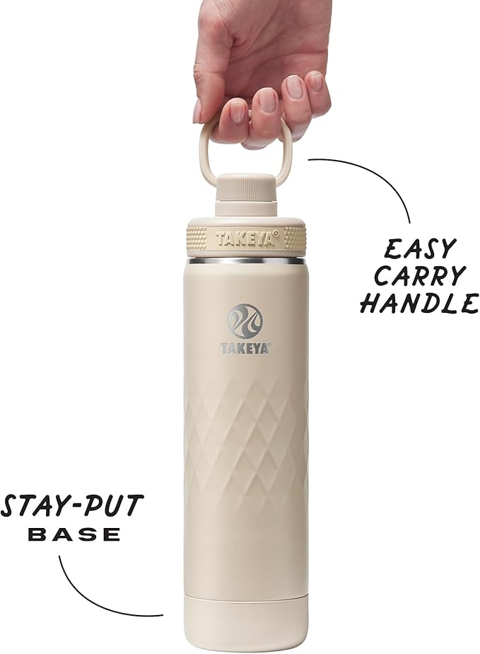 Takeya Sport 22 oz Triple-Insulated Stainless Steel Water Bottle, Spout Lid – Leakproof, Sweatproof, BPA-Free, Keeps Drinks Cold 36 Hrs, Hot 14 Hrs – Almond