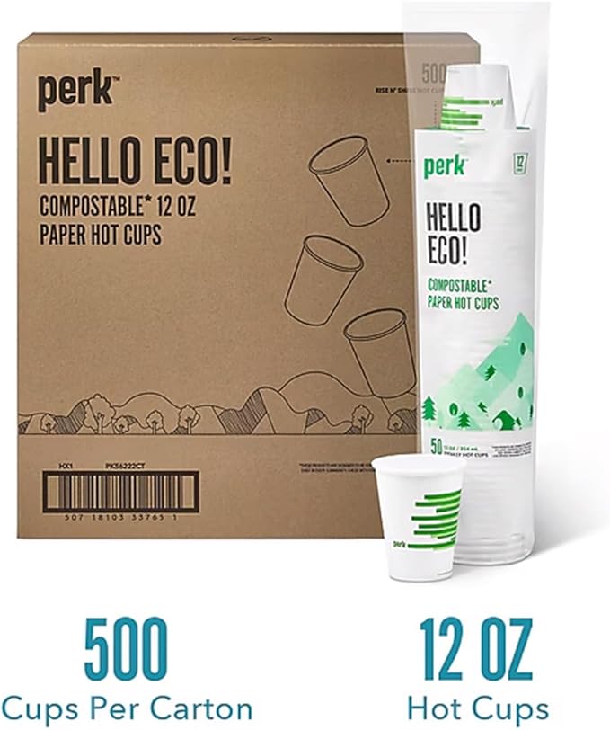 Perk Eco 12 Oz Compostable Paper Hot Cups, 500 Count Bulk Disposable Coffee Cups for Hot Beverages, White/Green