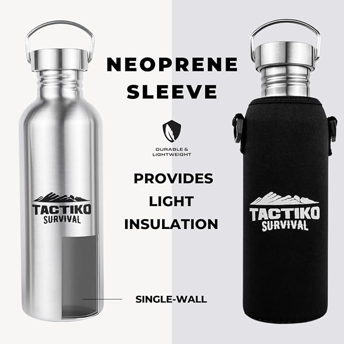 Tactiko Survival 25 oz/750 ml Stainless Steel Wide Mouth Water Bottle, Single Wall Boil-Safe, Leakproof, BPA-Free with Carry Sleeve and Strap for Camping, Hiking, Outdoor Prep (Black)