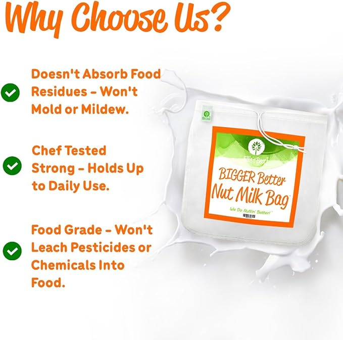 Pro Quality Nut Milk Bag - 3 XL12"X12" Bags - Commercial Grade Reusable All Purpose Food Strainer - Food Grade BPA-Free - Ultra Strong Fine Nylon Mesh - Almond Milk, Juices, Cold Brew Recipes Videos