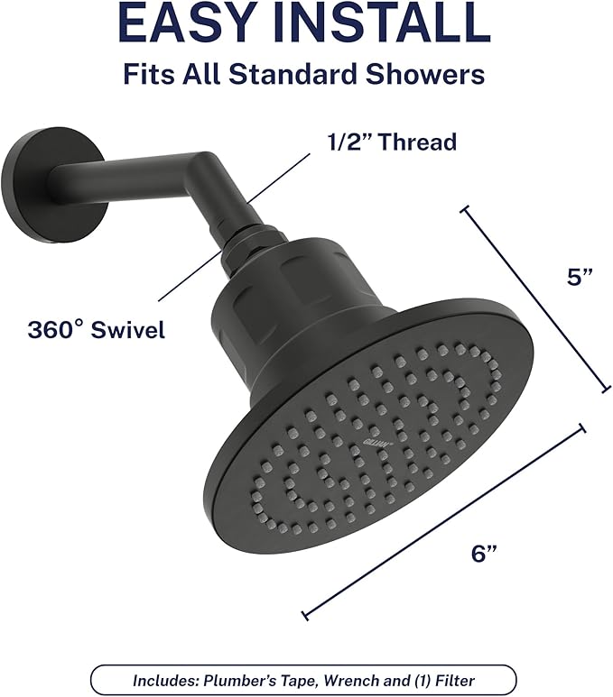 Gillian™ by HammerHead High Pressure Shower Head with Filter – Genuine KDF-55 Metal Hard Water Filtering Shower Head, Healthier Skin & Hair – 6-Inch Rainfall Shower Head with Filters, Matte Black