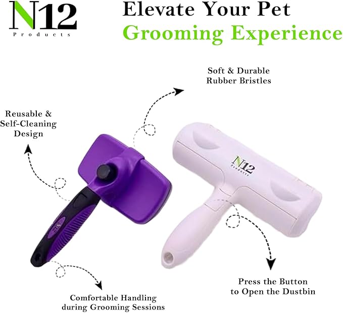N12 Cat, Dog Hair Remover/Lint Roller and Grooming Hair Bush Combo – Pet Fur Remover for Couch, Furniture, Carpet, Car Seat & Self-Cleaning Slicker Grooming Brush with Long Pins for Shedding - AquaVibe