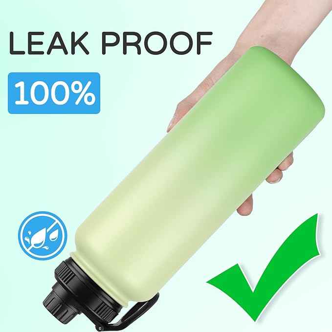DOMICARE 40 oz Insulated Water Bottle, Vacuum Insulated Stainless Steel Sports Water Bottle with Straw Lid & Spout Lid, Leakproof, Reusable - Travel, Camping, Bike, Green Gradient