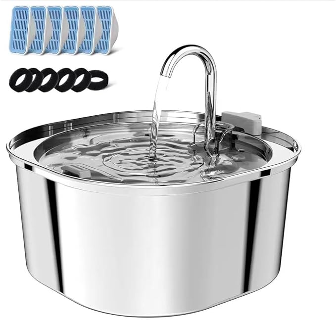 PEKTACO Cat Water Fountain, 3.2L/108oz Stainless Steel Pet Water Fountain for Cats Indoor, Dog Drinking Dispenser Metal Kitty Spout with 6 Filters+ 6 Sponges