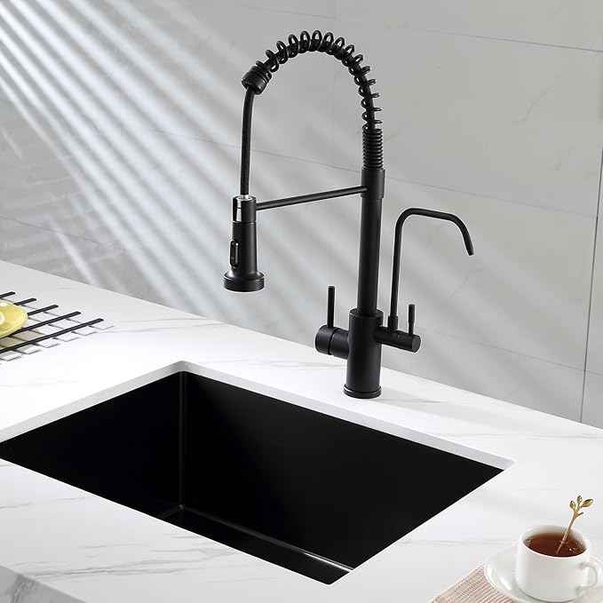 POPFLY 3 in 1 Kitchen Faucet With Drinking Water Purifier, Pull Down Sprayer, High Arch 2 Handle Filter Faucet, Black