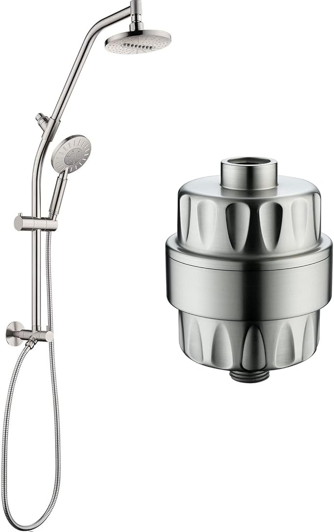 BRIGHT SHOWERS Rain Shower Heads System with High Output Shower Filter for Hard Water, Brushed Nickel