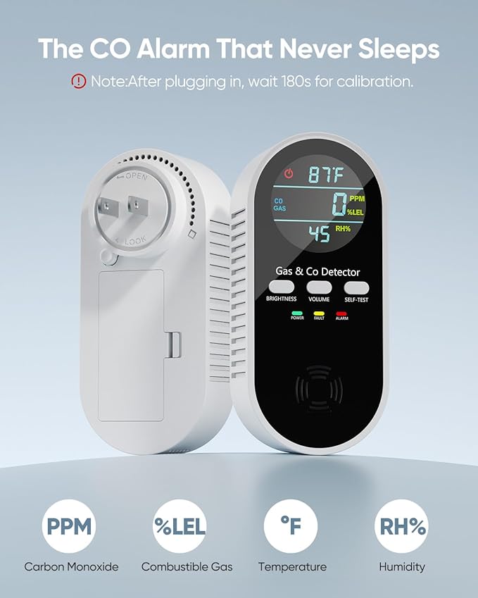 5-in-1 Carbon Monoxide Detectors, Natural Gas Leak Detector, Plug-in & Battery Backup Co Detector, HD Digital Display, CO Gas Temp Humidity Sensor, 2-Pcs, Black