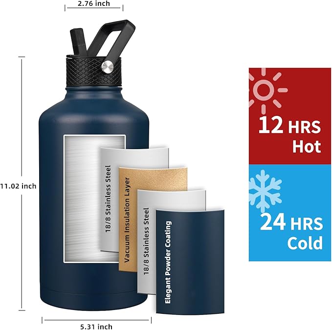 Insulated Water Bottle 87oz,Triple Wall Vacuum Stainless Steel(Dishwasher Safe),Leak Proof & Non-BPA,Flask Jug with Paracord Handle & Straw Spout Lids Sports Navy Blue