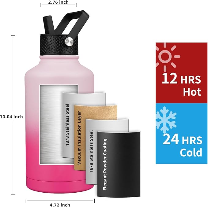 Insulated Water Bottle 64oz,Triple Wall Vacuum Stainless Steel(Dishwasher Safe),Leak Proof & Non-BPA,Flask Jug with Paracord Handle & Straw Spout Lids Sports Cherry Blossom