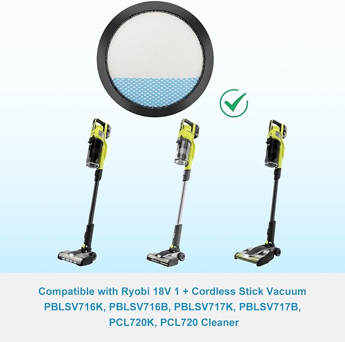 18V ONE + Cordless Pet Stick Vacuum Filter for Ryobi, PCL720, PBLSV716, PBLSV717 Stick Vacuum, Reusable Washable Filters, Compare to Part A32SV720N, 6 Pack - AquaVibe