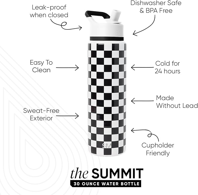 Simple Modern Water Bottle with Straw Lid | Vacuum Insulated Stainless Steel Metal Thermos | Reusable Leak Proof BPA-Free Flask for Sports Gym | Summit Collection | 30oz, Black and White Checkmate