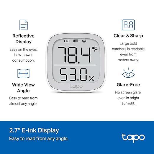 TP-Link Tapo Smart Temperature and Humidity Monitor, 2.7" E-Ink Display, Swiss-Made Sensor, Real-Time Notification, Visual Graphics, Requires Tapo Hub, White, T315