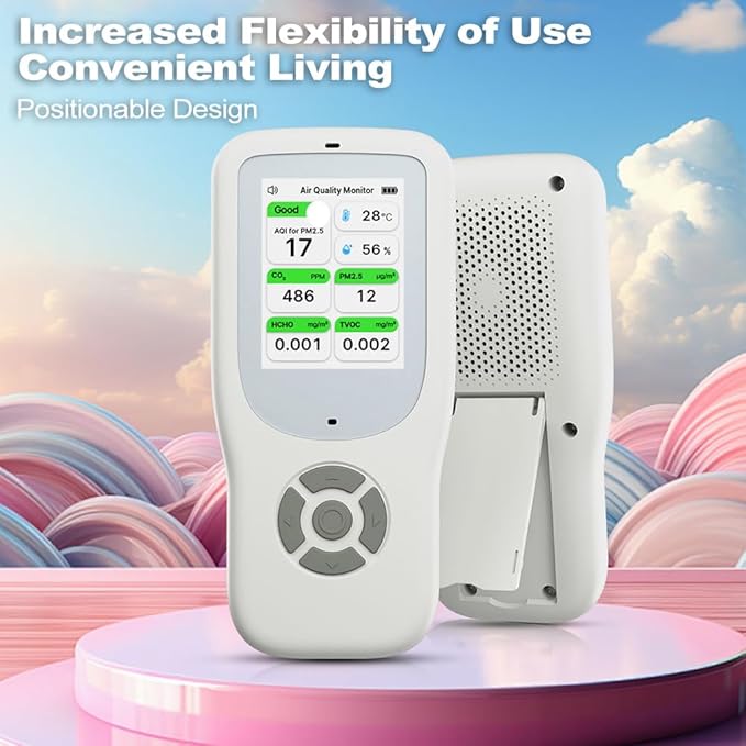 Air Quality Monitor Indoor, Handheld Air Quality Detector with Stand, Real-Time Air Meter Test AQI, PM1.0, PM2.5, PM10, CO2, TVOC, HCHO, Temperature and Humidity with Alert -White