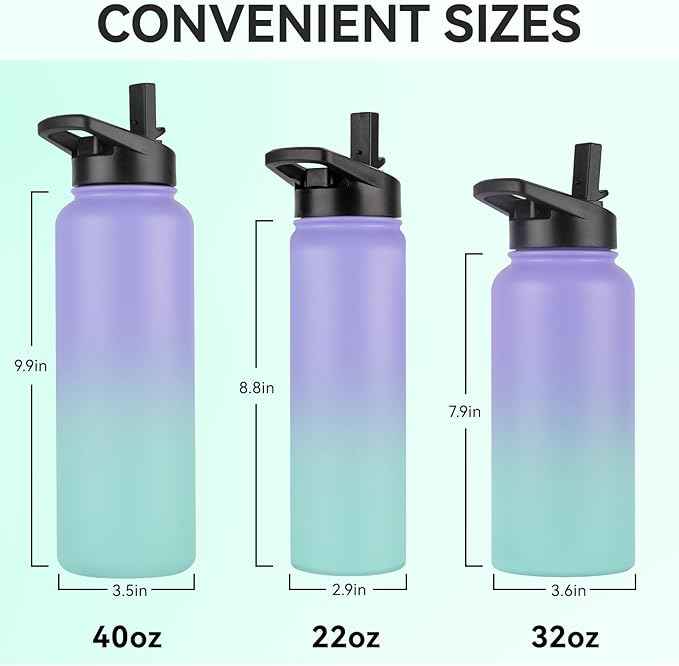 DOMICARE Insulated Water Bottle, 22 oz Vacuum Insulated Stainless Steel Reusable Sports Bottle with Straw Lid & Spout Lid for Travel, Camping, Bike, Leakproof, Purple/Green, 1 Pack