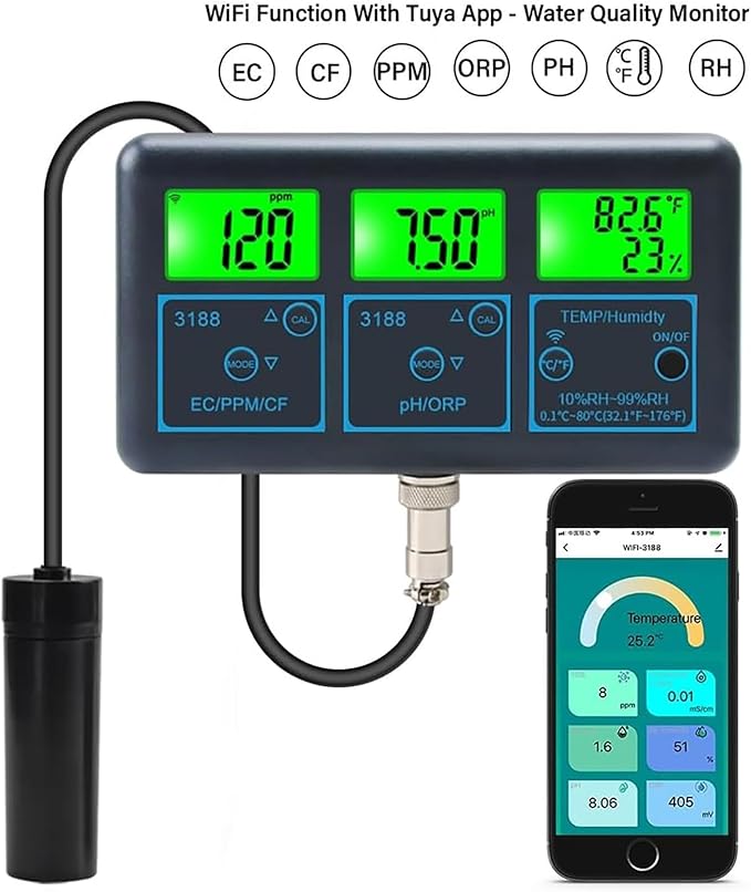 Water Quality Tester Detector, Food Nitrate Tester, Smart PPM PH ORP EC CF Temp Humidity Meter, for Drinking Water, Laboratory Hydroponics, Fish Tank Aquarium SPA Pool