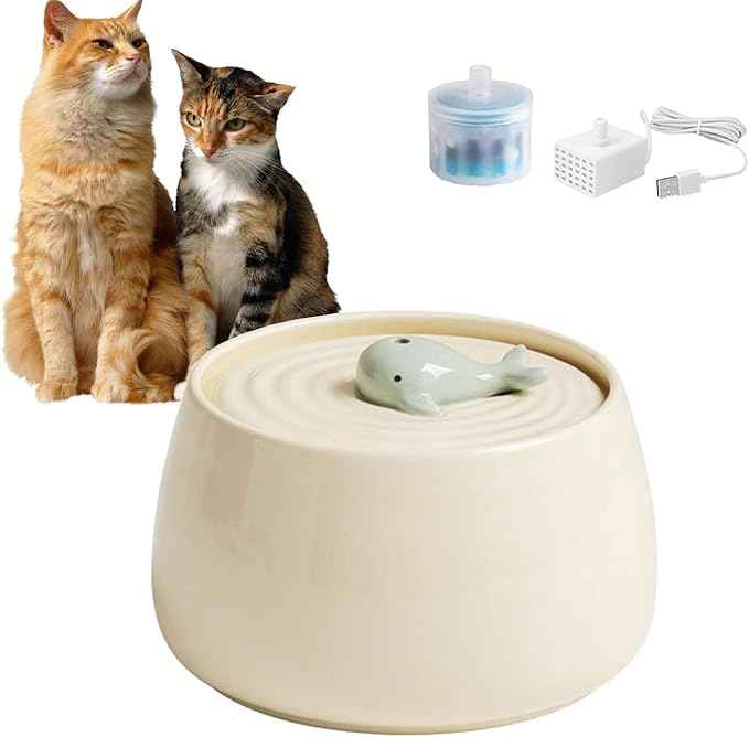 Ceramic Pet Feeding and Drinking Bowls, 1.3L/ 44oz Cat Water Fountain, Pet Drinking Fountain for Cats Dogs Indoor, Cat Water Dispenser with Filters, Silent Automatic Pet Water Fountain, Off White