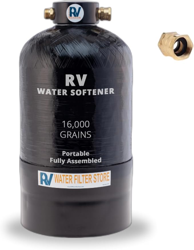 Essential RV Water Softener Portable 16,000 Grain w/o Custom Hose, Long Lasting for RVers Vanlife, 3/4