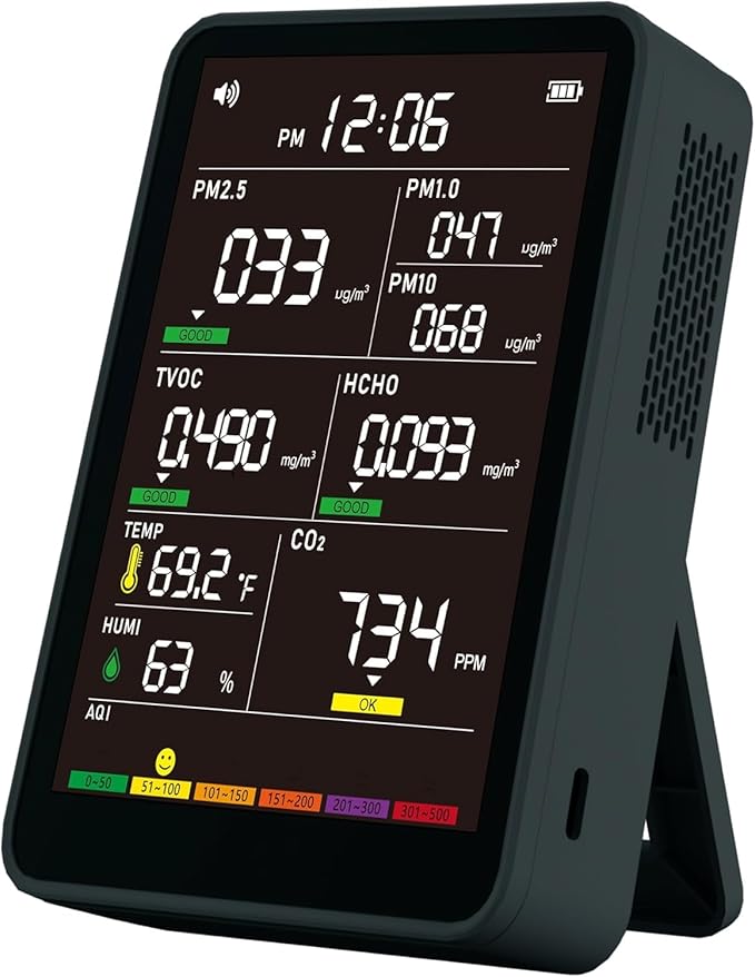 Professional Indoor Air Quality Monitor with AQI Beep Alarms, Portable Real-Time Detector for Home Cars Plants and Pets