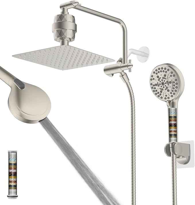 Filtered Shower Head, 10" High Pressure 10-Spray Handheld/Rainfall Shower Head Combo with 20 Stage Shower Filter, 11" Shower Extension Arm, 71" Hose, Shower Head Holder, Brushed Nickel