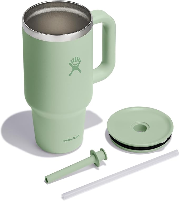 Hydro Flask Travel Tumbler with Handle, Lid and Straw - Insulated Stainless Steel in 32 Oz Aloe Green
