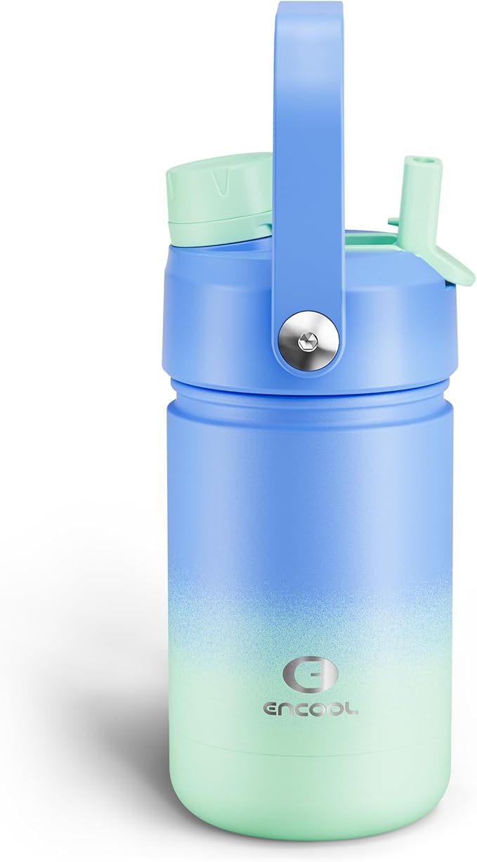 ENCOOL Kids Insulated Water Bottle with Straw - 12oz Stainless Steel Water Bottle with Dual Spouts, Leak-Proof, BPA-Free, Double Wall Vacuum Keeps Cold for 24 Hours for Sports, Travel (Frosted Lilac)