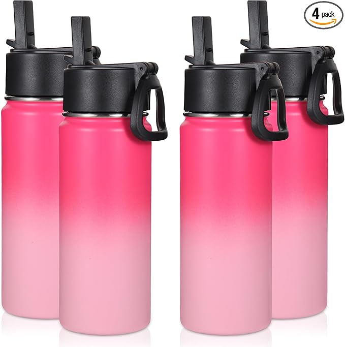Volhoply 16 OZ Kids Water Bottle Bulk 4 Pack,Insulated Sports Bottles with Straw Lid,Stainless Steel Bottle with Handle Keep Cold & Hot,Double Wall Vacuum Cups for School,Girls(Peach, 4)