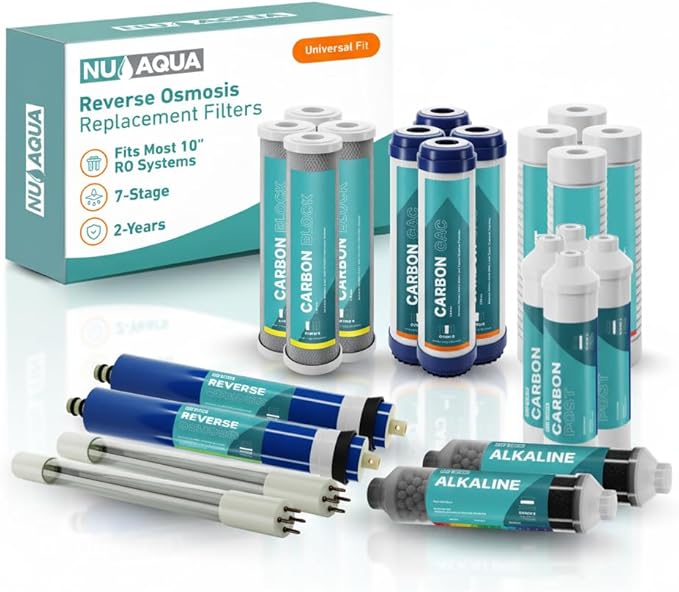 NU Aqua Reverse Osmosis Water Filter System Replacement Set - 7 Stage 2 Year Alkaline & UV Under Sink Kit - Membrane, Sediment, Carbon Filters, Parts & Fittings - Universal RO Filtration Cartridge - AquaVibe