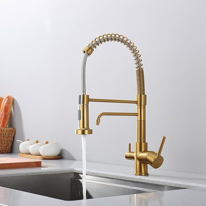 3 Way Kitchen Faucet, Drinking Water Faucet, Filter Kitchen Faucet for Water Filtration System, 3 in 1 Commercial Style Pull-Down 2 Handles, Brushed Gold