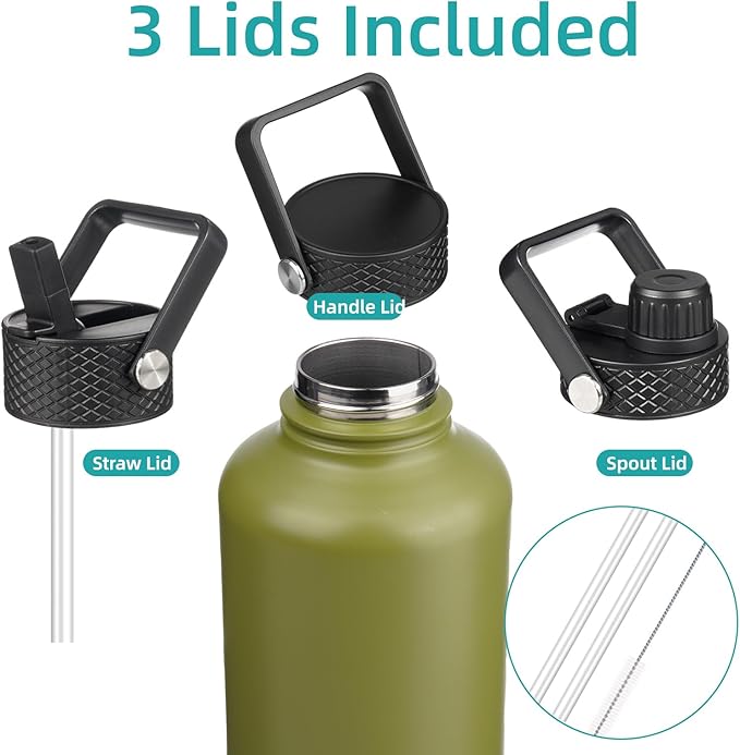 Insulated Water Bottle with Straw,87 oz 3 Lids Water Jug with Carrying Bag,Paracord Handle,Double Wall Vacuum Stainless Steel Metal Flask,Forest Green